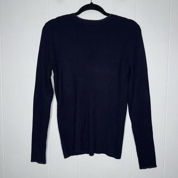 Moth Anthropologie Women’s Ribbed V Neck Sweater Navy Blue Silver Trim Size XL - Picture 2 of 5